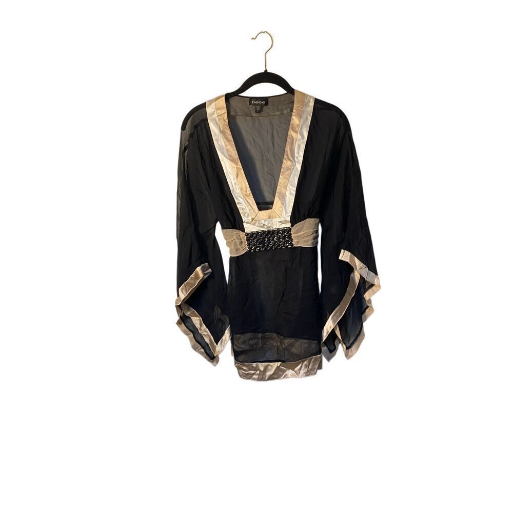 BeBe vintage Y2K, black and gold sheer kimono blouse 100% silk L